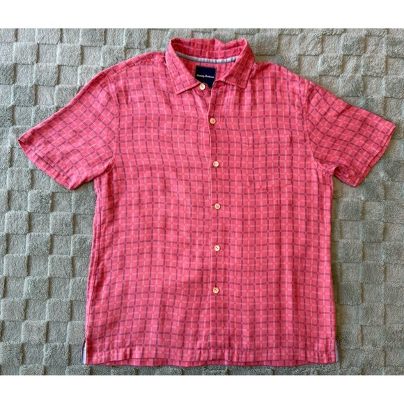Tommy Bahama Short Sleeve Button Up Pink Plaid Shirt Mens Medium - Picture 1 of 8